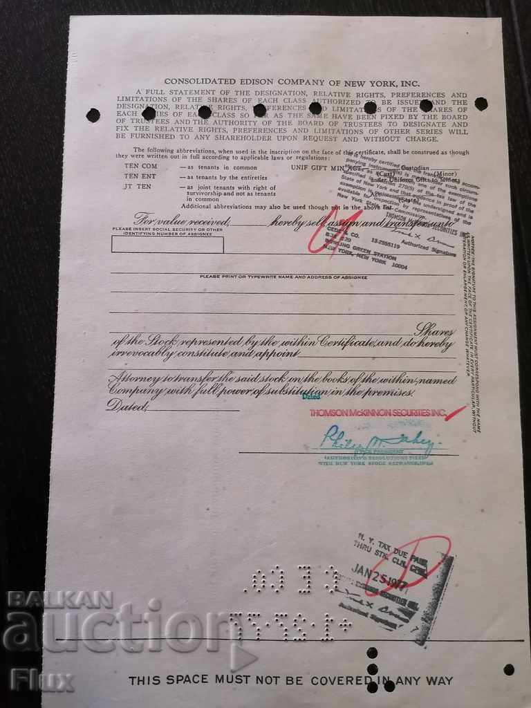 Delivery of Share certificate With Edison Company New York 1977