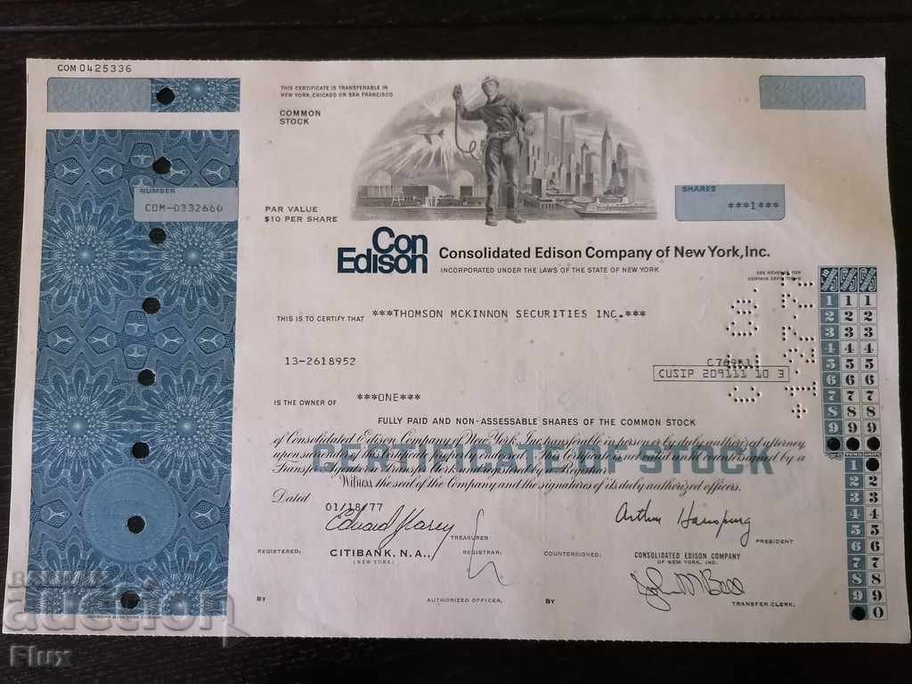 Certificat de acționare Cu Edison Company New York 1977