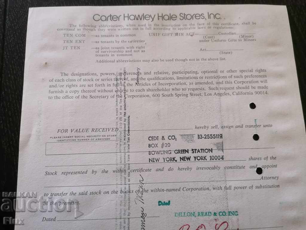 Share certificate Carter Hawley Hale Stores 1975 - 6