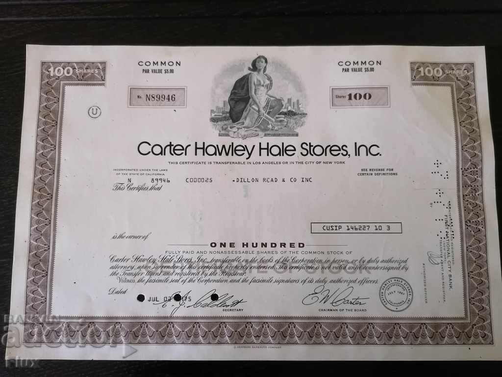 Certificat de acționare Magazine Carter Hawley Hale 1975