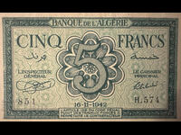 Algeria 5 Francs 1942 Pick 91 Ref 851H574