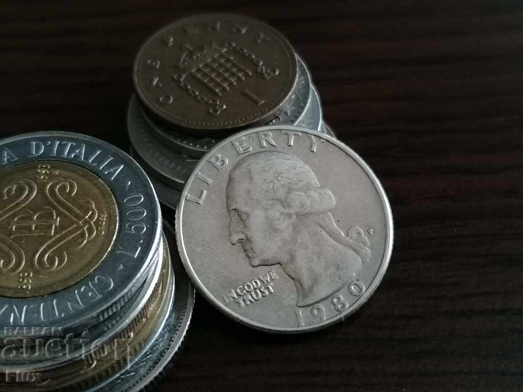 Монета - САЩ - 1/4 (четвърт) долар | 1980г. с цена 1.95 лв. | € 1.00 Монета - САЩ - 1/4 (четвърт) долар | 1980г. с цена 1.95 лв. | € 1.00