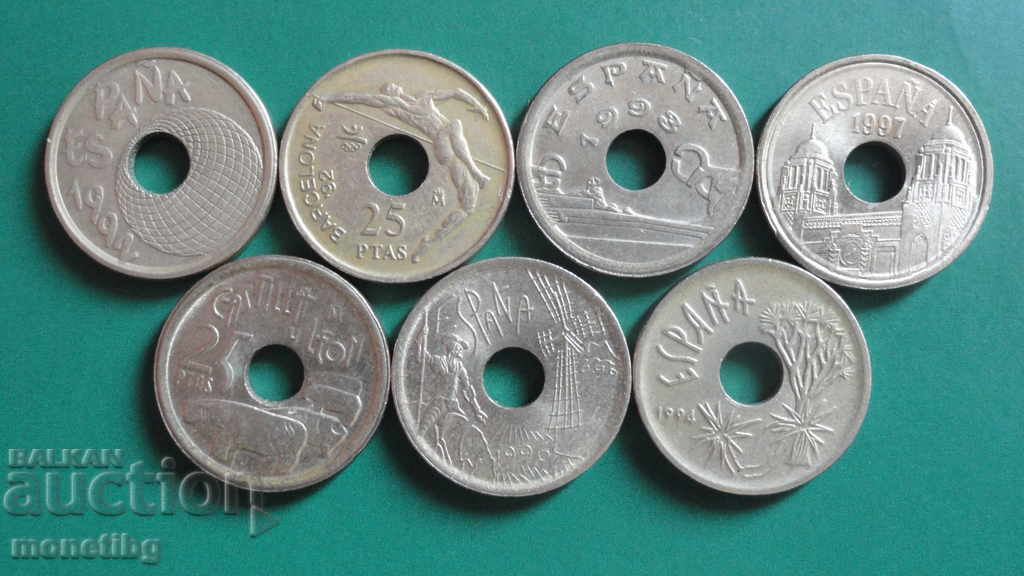 Ισπανία - 25 πεσέτες (7 τεμάχια) με τιμή 11.60 BGN | € 5.93 Ισπανία - 25 πεσέτες (7 τεμάχια) με τιμή 11.60 BGN | € 5.93