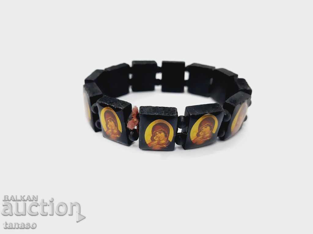 Brățară neagră din lemn cu icoane ortodoxe