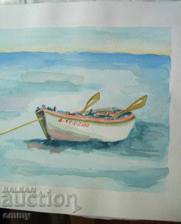 Auction Watercolor landscape sea "Boat" not signed Auction Watercolor landscape sea "Boat" not signed