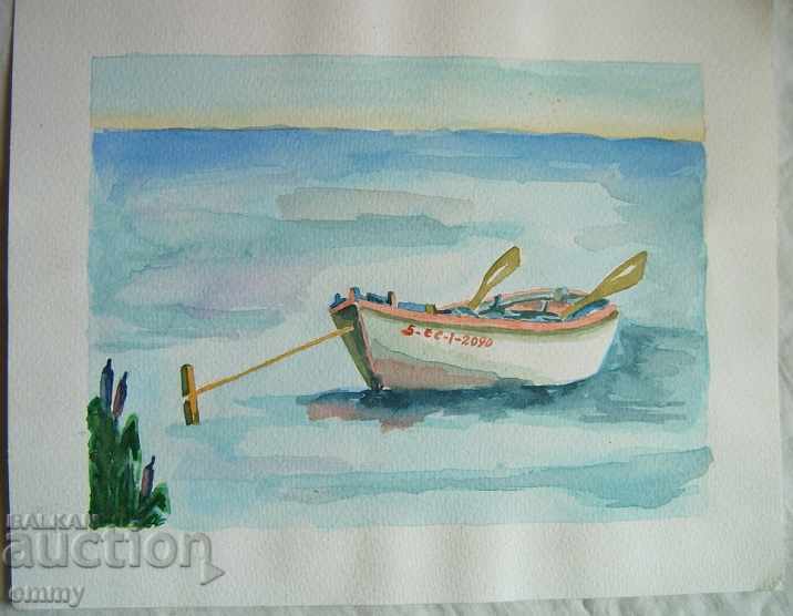 Watercolor landscape sea "Boat" not signed