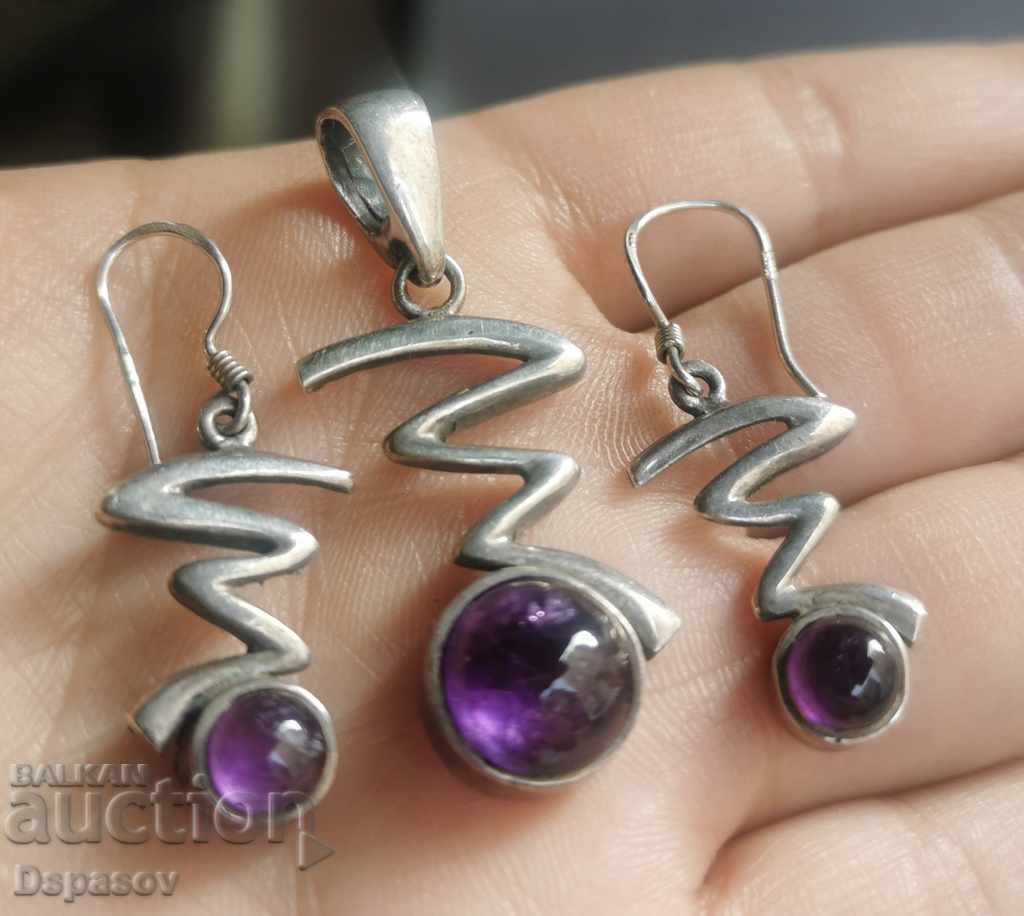 Silver Set Silver Pendant and Amethyst Earrings