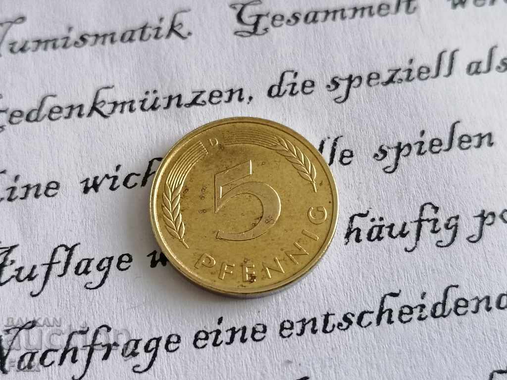 Монета - Германия - 5 пфенига | 1991г.; серия D