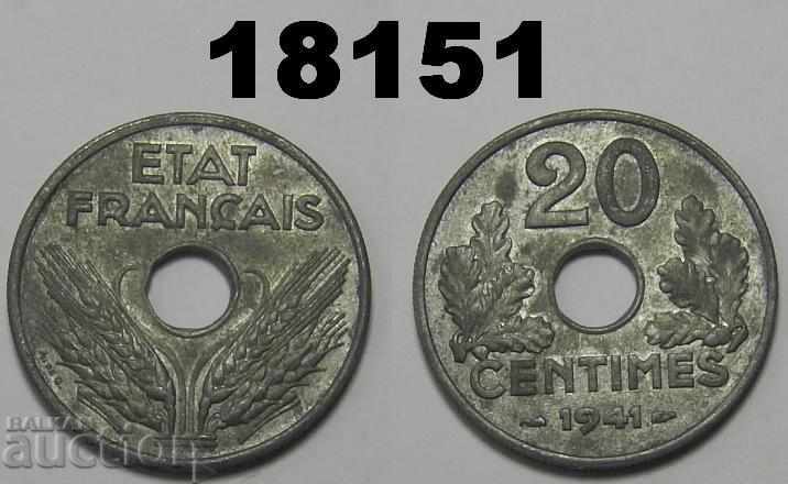 Franța 20 de cenți 1941 Zinc Excelent monedă