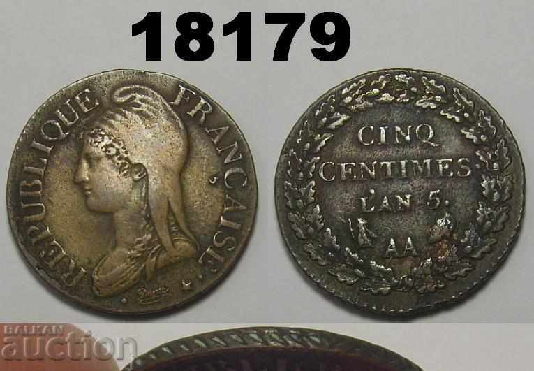 Γαλλία 5 centimes 1796 Lan 5 AA XF + Εξαιρετικό!