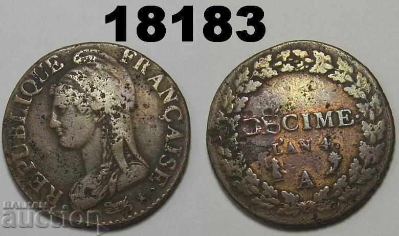 Франция DECIME 1795 Lan 4 A Рядка монета