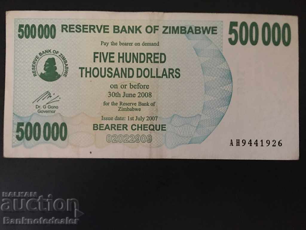 Zimbabwe 500,000 Dollars 2007 Pick 51 Ref 1926