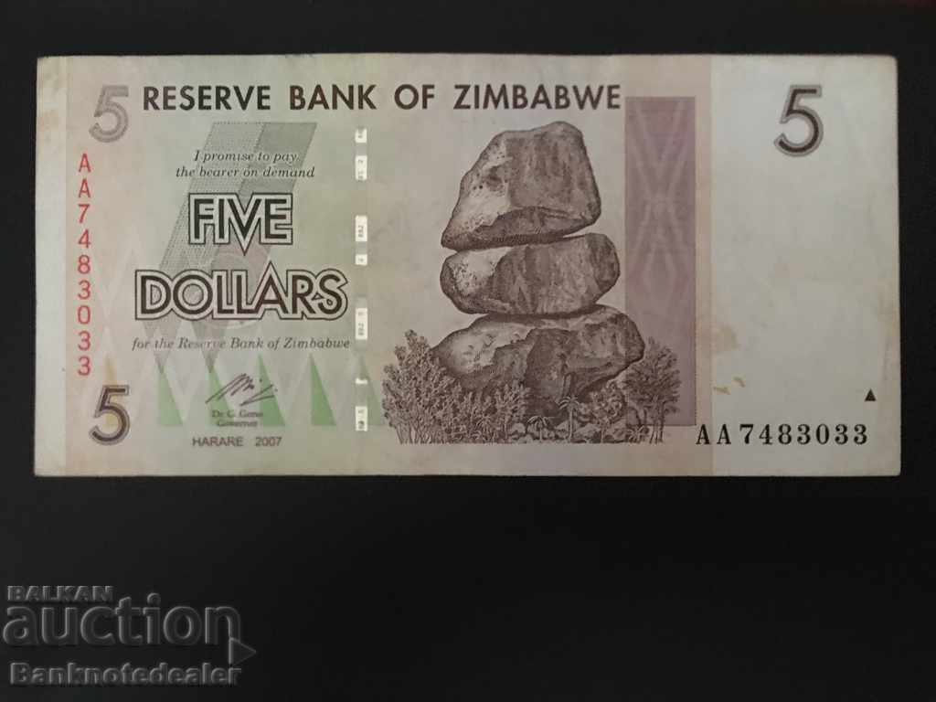 Zimbabwe 5 Dollars 2007 Pick 66 Ref 3033
