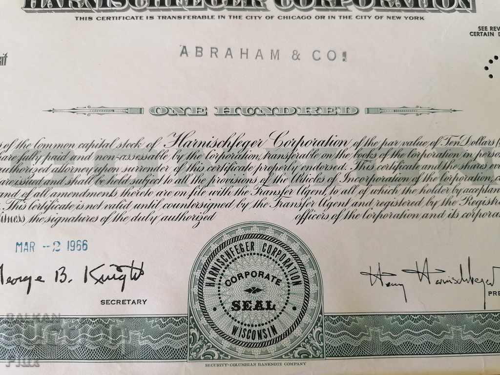 Παράδοση Πιστοποιητικό κοινής χρήσης Harnischfeger Corporation | 1966