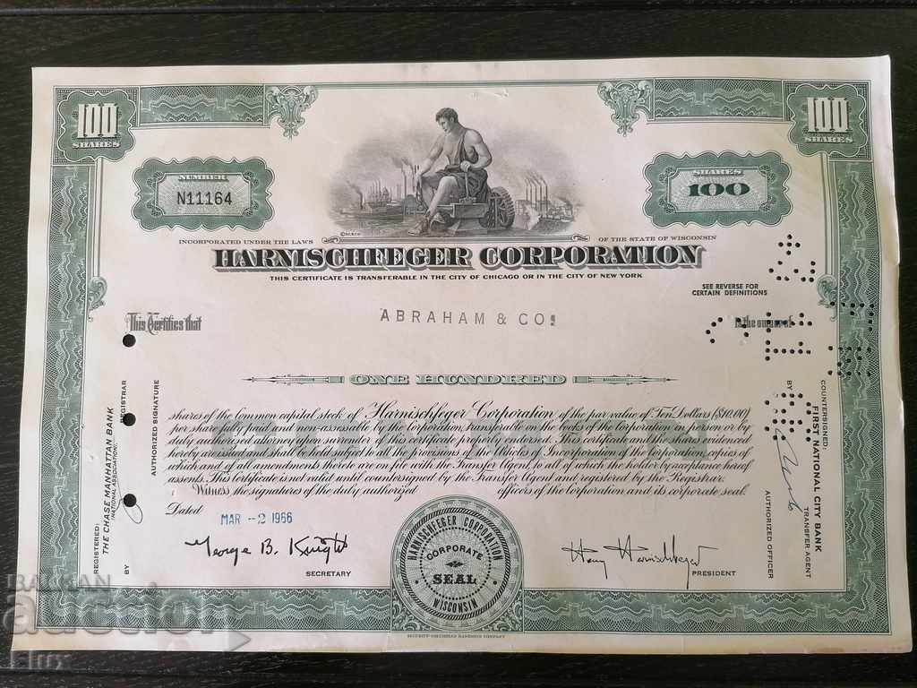 Сертификат за акции | Harnischfeger Corporation | 1966г.