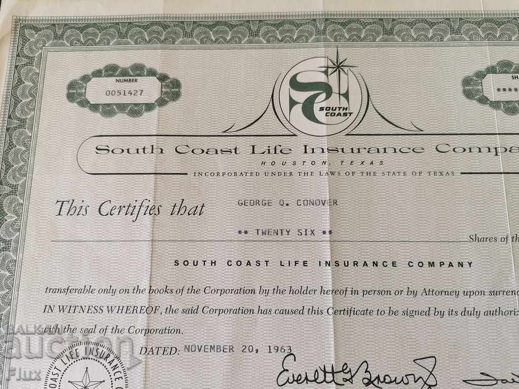 Share certificate South Coast Life Insurance 1963 with price 10.00 BGN | € 5.11