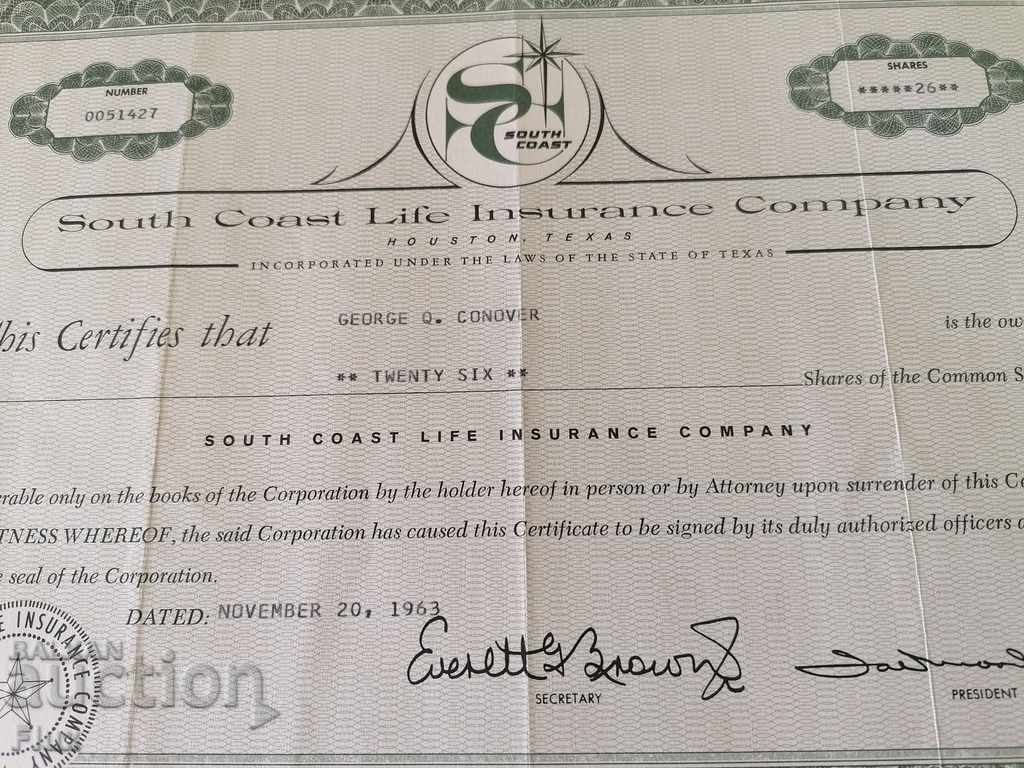 Delivery of Share certificate South Coast Life Insurance 1963
