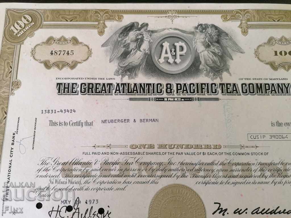 Share certificate The Great Atlantic & Pacific | 1973 with price 20.00 BGN | € 10.23