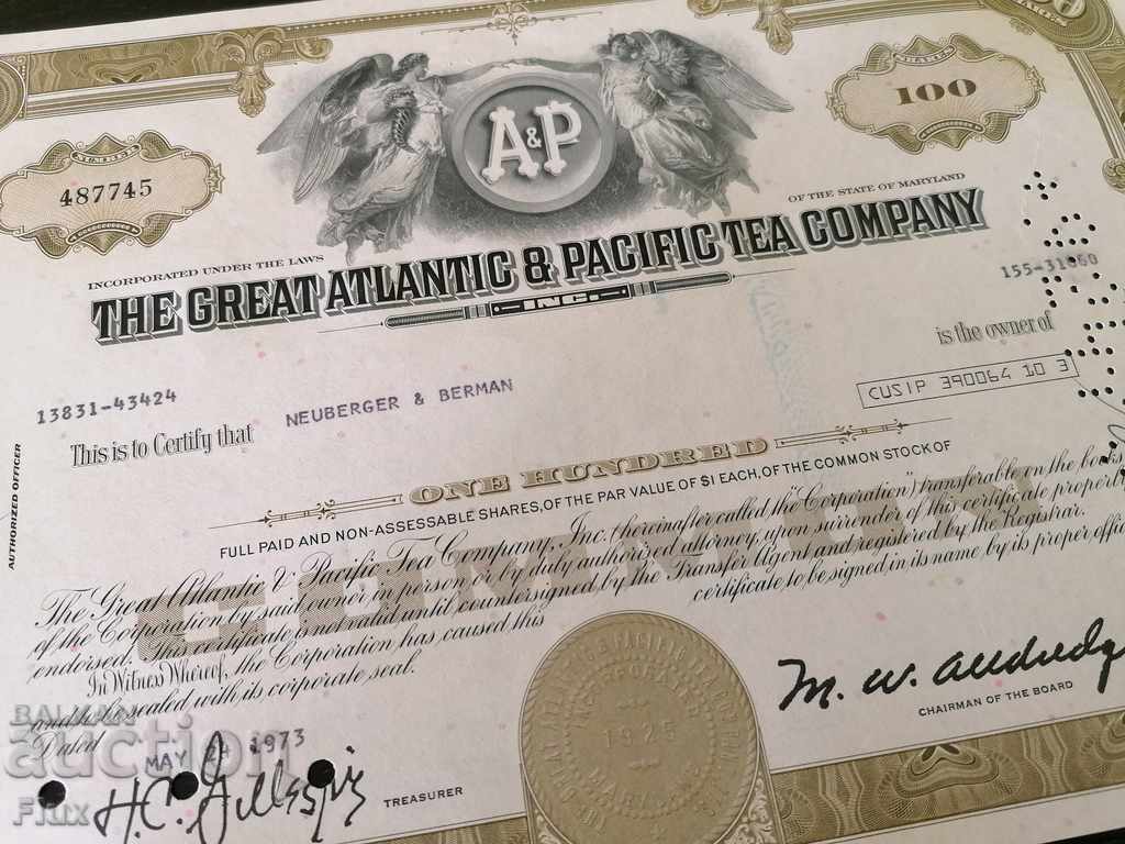 Delivery of Share certificate The Great Atlantic & Pacific | 1973