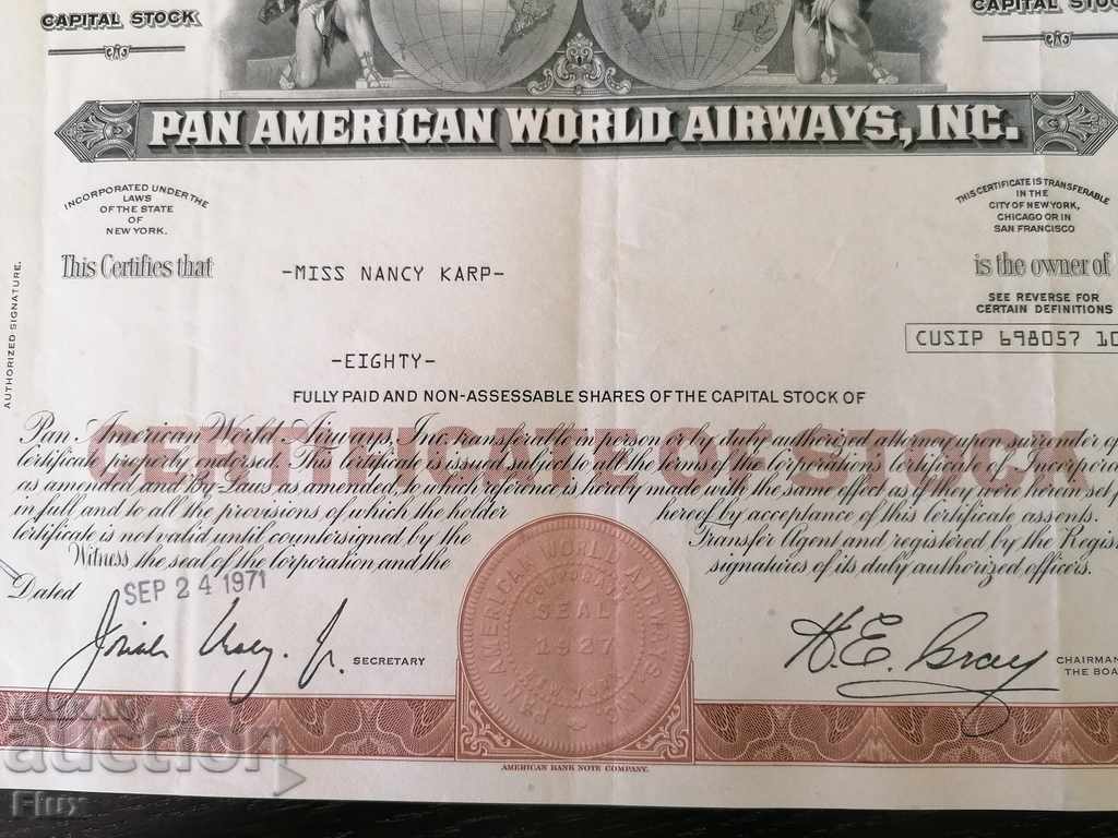 Auction Share certificate Pan American World Airways 1971 Auction Share certificate Pan American World Airways 1971
