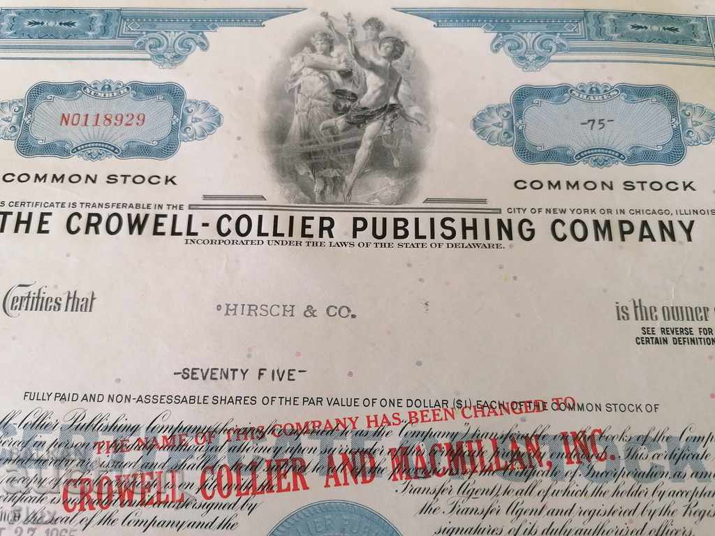 Delivery of Share certificate The Crowell-Collier Company | 1965 Delivery of Share certificate The Crowell-Collier Company | 1965