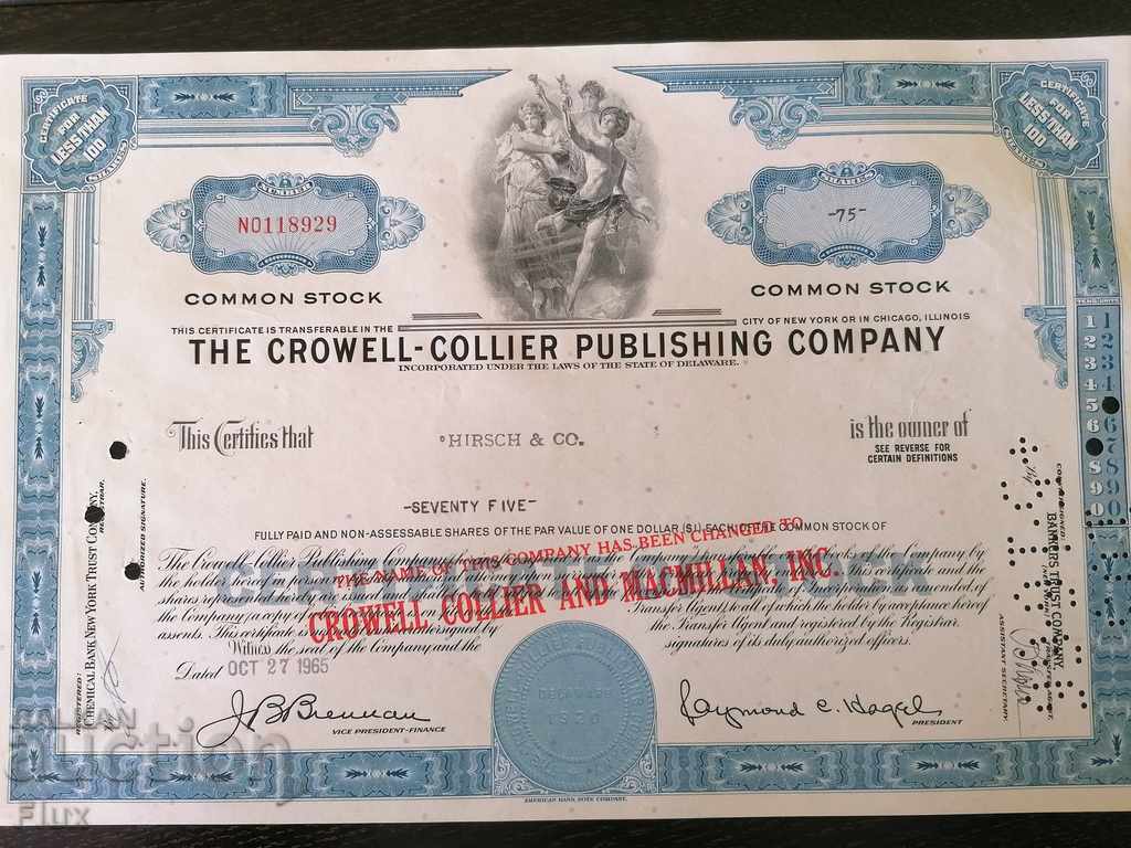 Certificat de acționare Compania Crowell-Collier | 1965