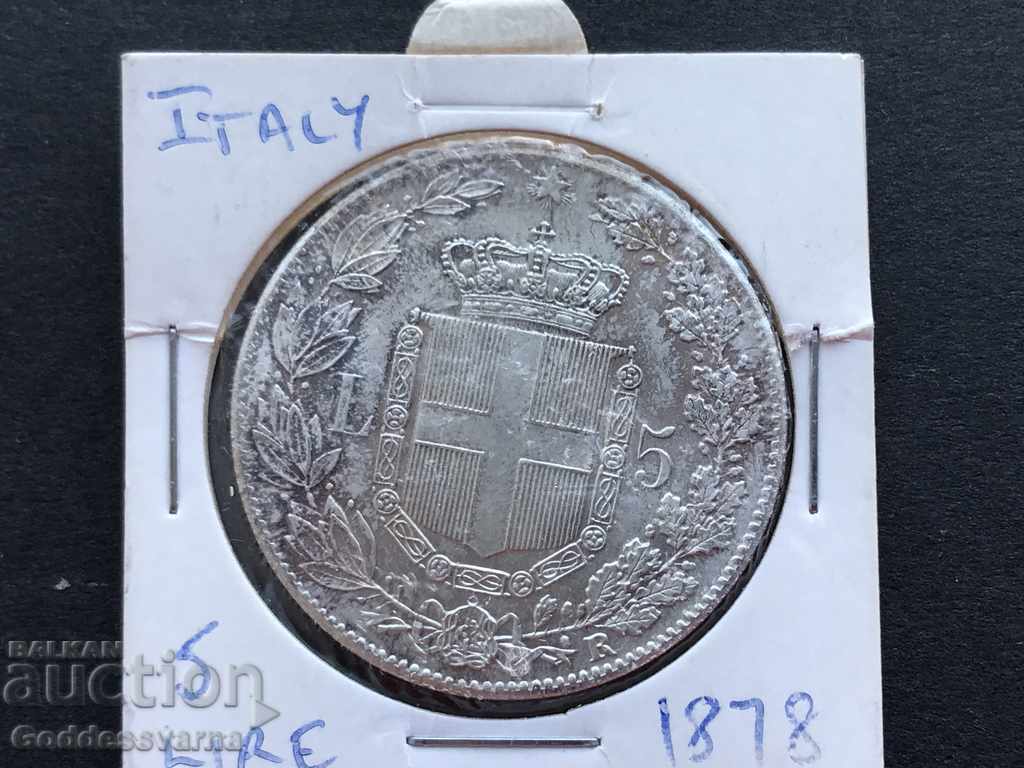 Moneda de argint 1878 de 5 lire Italia