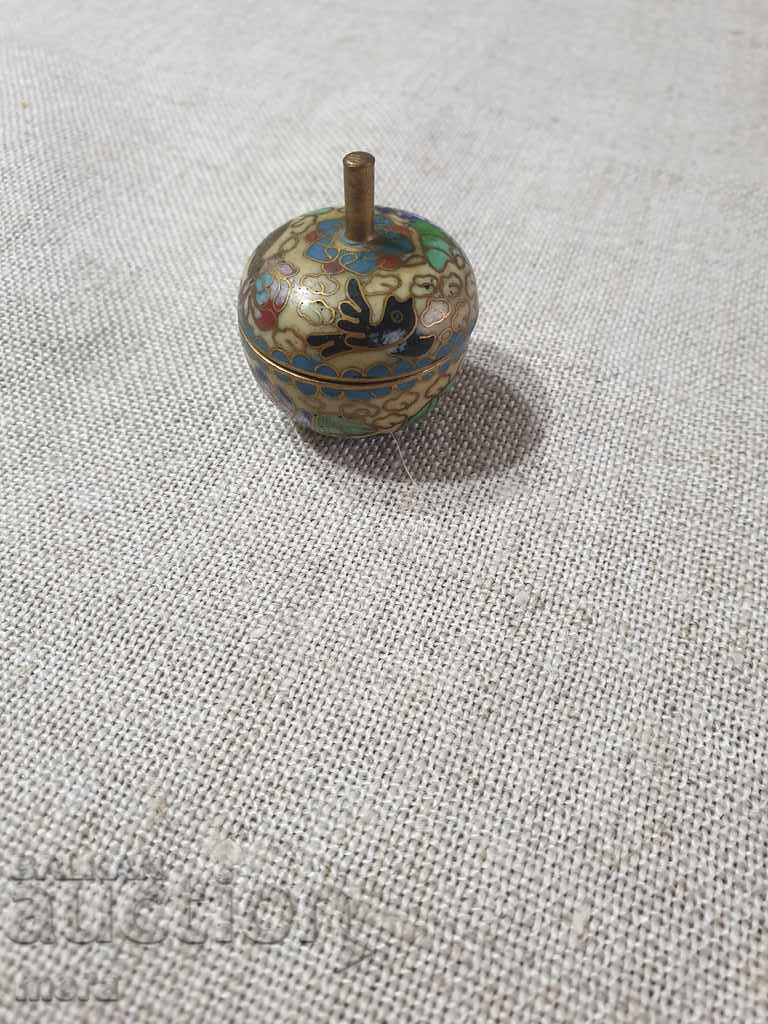 Antique round box made of bronze and colored enamel