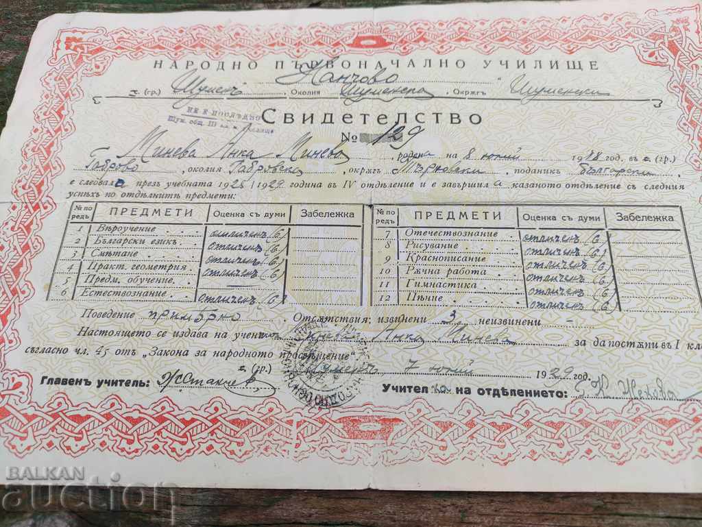 Certificat de școală primară Kozludja, Varna 1928-9. d cu preț 30.00 BGN | € 15.34