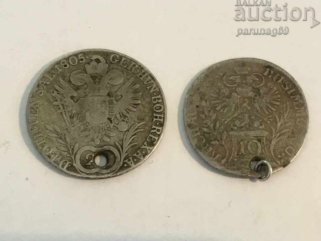 Austria-Hungary 10 and 20 Kreuzers Lot 2 pcs. Silver for jewelry L.98