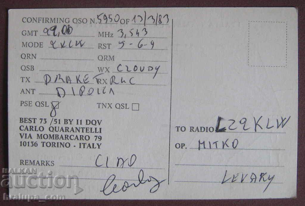 Radio Card I1DQV Italy Italy with price 2.00 BGN | € 1.02