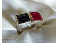 Old Western European silver ring with rubies and sapphires
