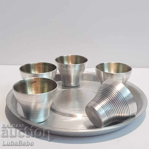 Deeply silver-plated five cups with a tray.