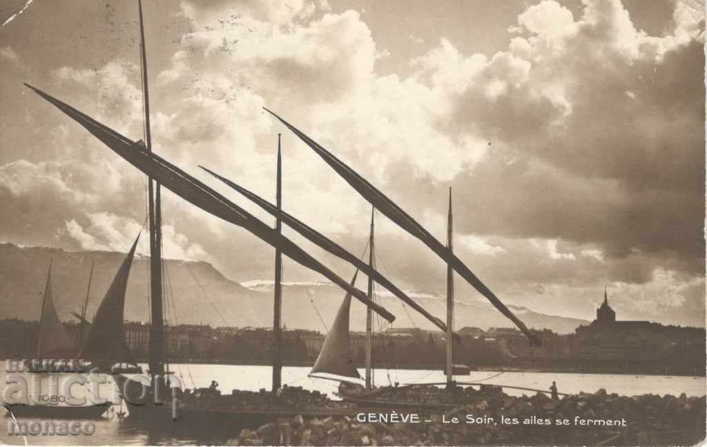 Παλιά καρτ ποστάλ - Γενεύη, βράδυ δίπλα στη λίμνη