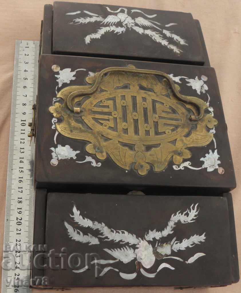 Auction Old wooden box with hardware and mother of pearl Auction Old wooden box with hardware and mother of pearl