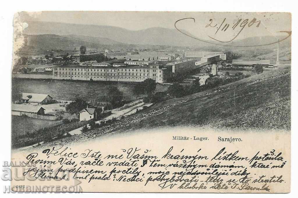 BOSNIA CARTE POȘTALĂ CĂLĂTORITĂ SARAJEVO - CLĂDIRE MILITARĂ - 1901