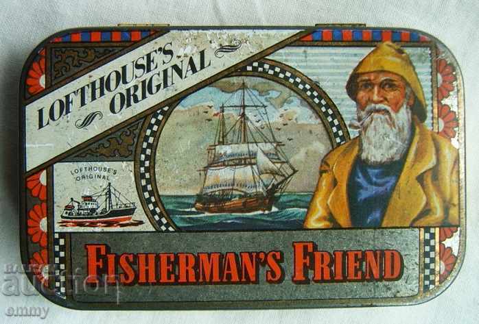 Cutie veche metalică „Prietenul pescarului” originală