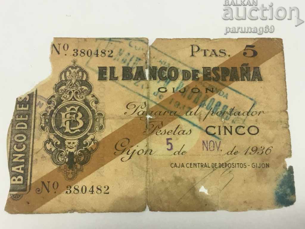Spain 5 pesetas 1936 GIJON
