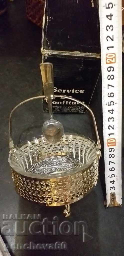 Sugar bowl in a box, silver metal, glass with price 25.00 BGN | € 12.78 Sugar bowl in a box, silver metal, glass with price 25.00 BGN | € 12.78
