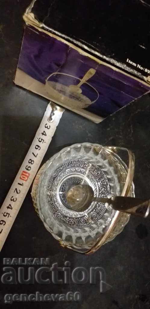 Auction Sugar bowl in a box, silver metal, glass Auction Sugar bowl in a box, silver metal, glass