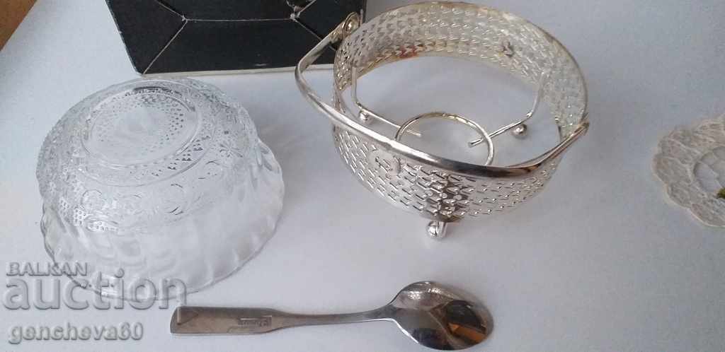 Zaharniță vintage, metal argintiu, sticlă, în cutie - 6