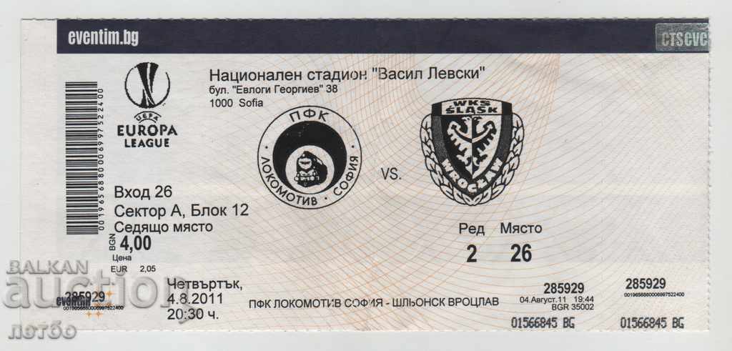 Εισιτήριο ποδοσφαίρου Lokomotiv Sofia-льląsk Wrocław Πολωνία 2011