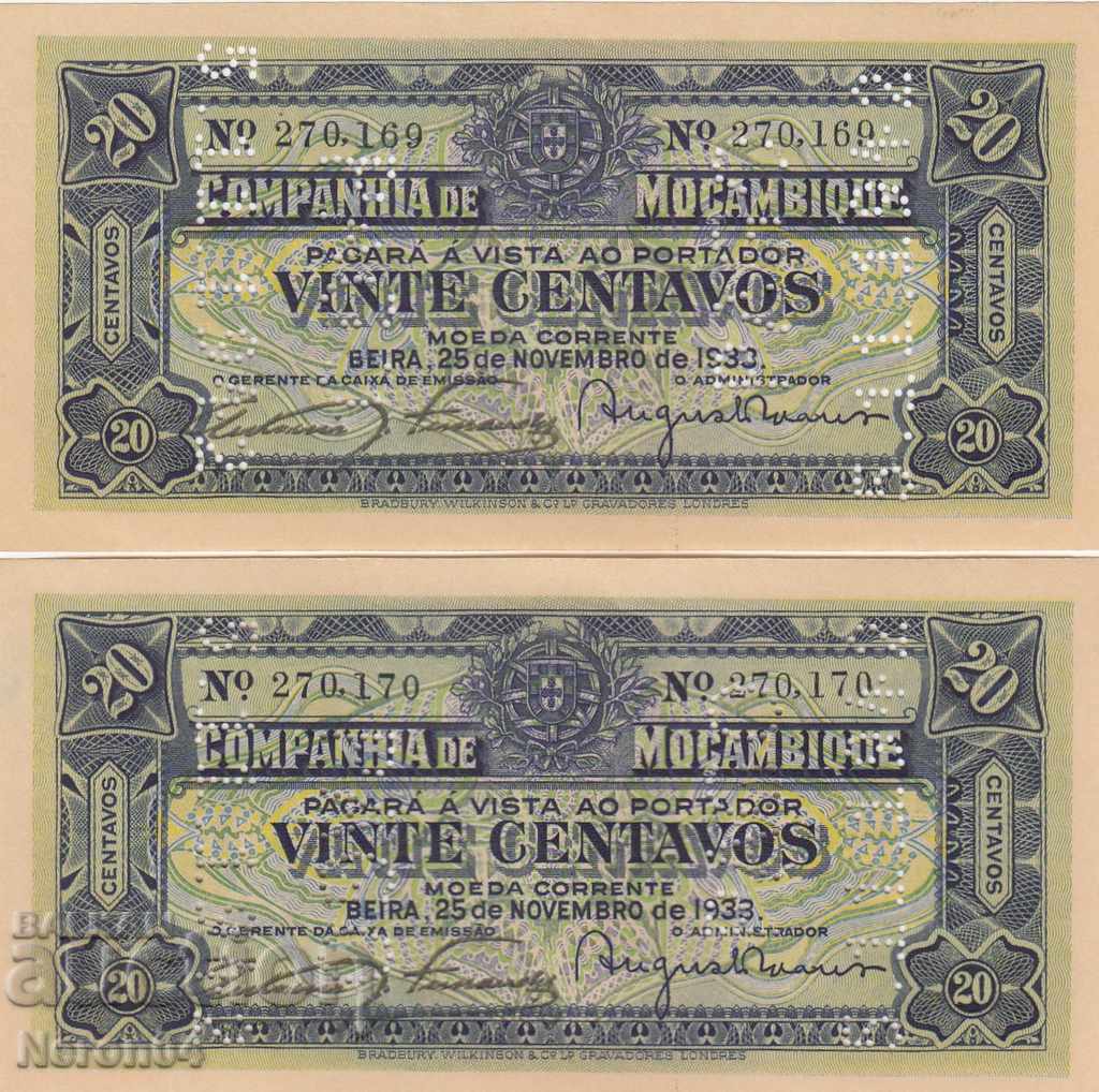 20 centovo 1933, Mozambique (2 perforated banknotes)