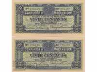 20 centovo 1933, Mozambique (2 perforated banknotes)