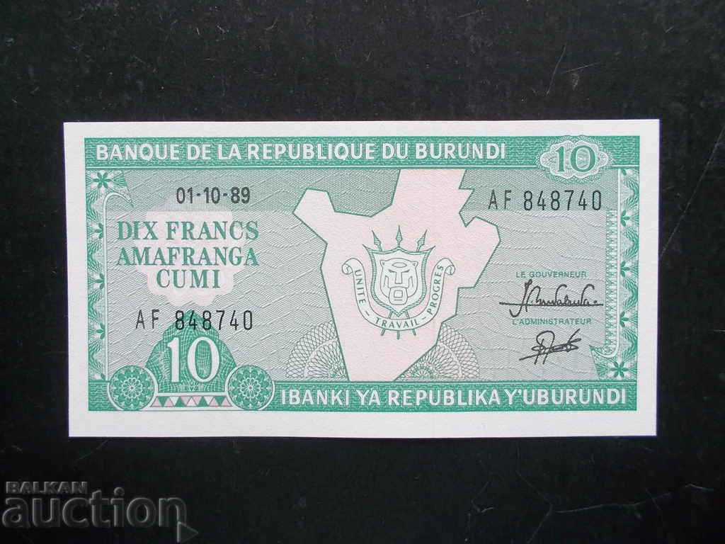 БУРУНДИ , 10 франка , 1989 г (по-рядка година) , UNC