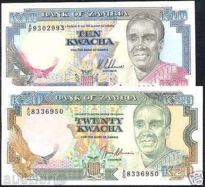 +++ ZAMBIA SET 10 + 20 BLUE 1989-91 UNC +++