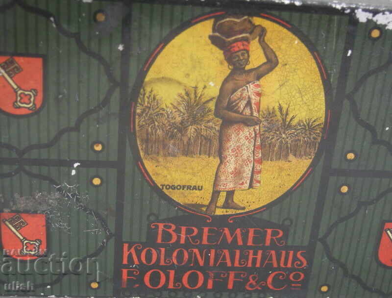 Bremer Kolonialhaus F. Oloff & Co old summer tin box with price 40.00 BGN | € 20.45 Bremer Kolonialhaus F. Oloff & Co old summer tin box with price 40.00 BGN | € 20.45