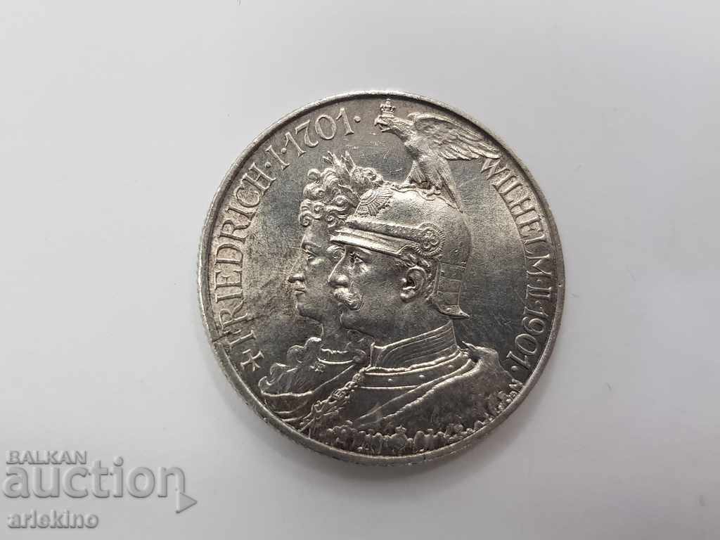 Топ качество на Германска сребърна монета 3 марки 1901 год
