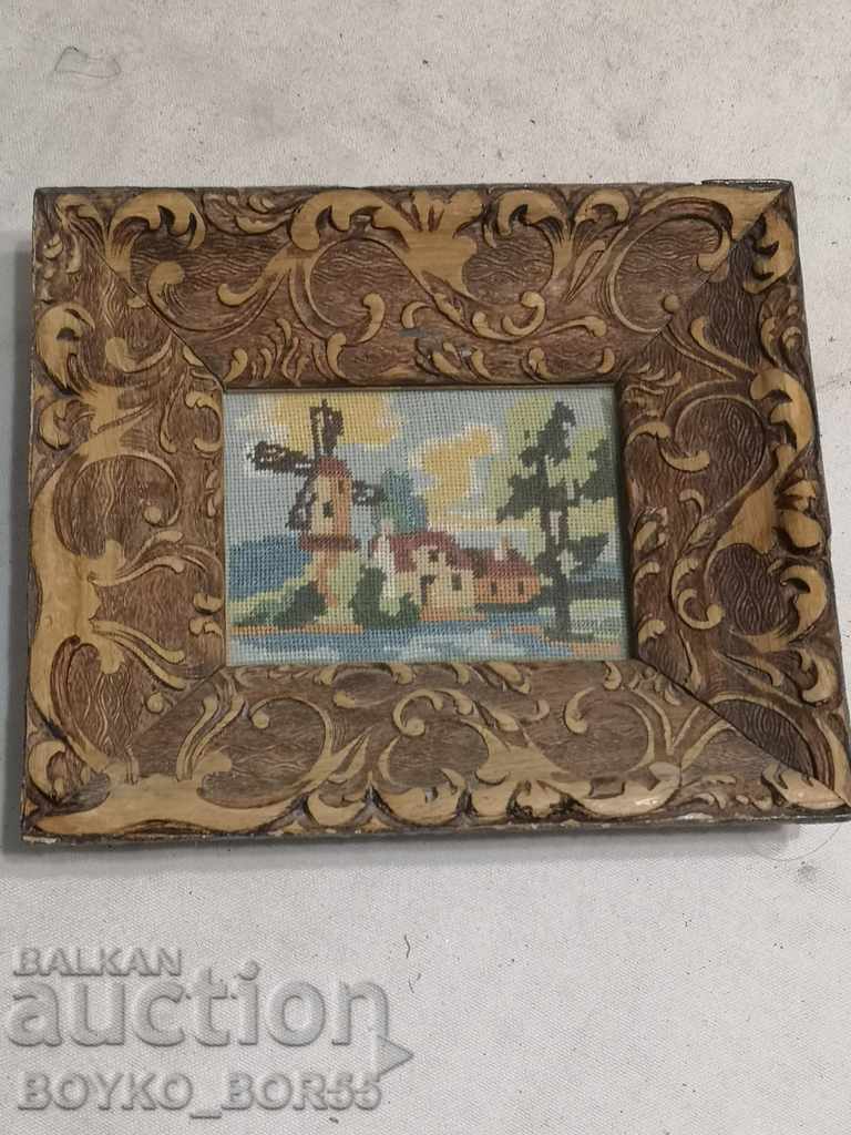 Antique Tapestry in Large Frame with Carving