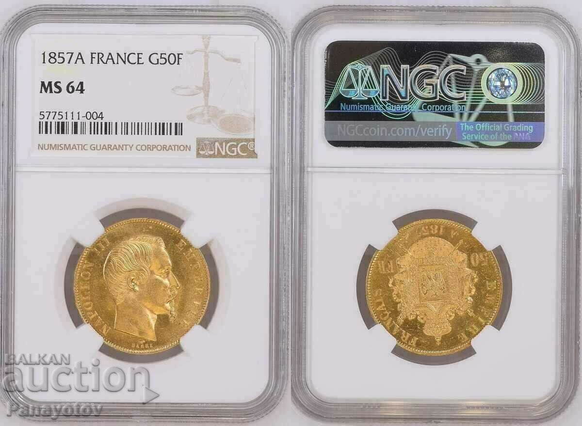 50 de franci Franța 1857 Moneda de aur de aur NGC PCGS MS 64